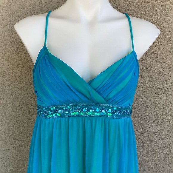 Jewel Accents Turquoise High/Low Halter Dress - Picture 4 of 7